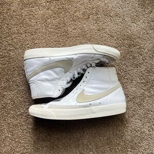 White and Tan High-Top Nike Blazers (One missing shoelace)